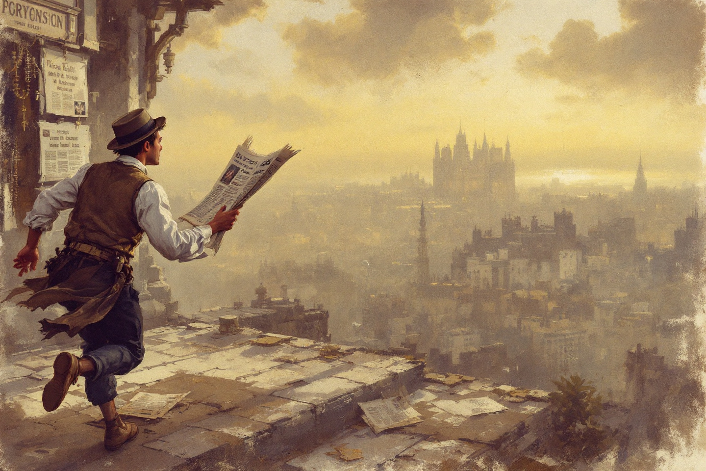 Prompt: (This is a painting uses dry brush techniques with visible brush strokes:1.9)

(painting style that is painted in the style 18th century magazine style and influences from Michelangelo:1.9), 

(Vintage, sepia-toned film effect:1.9),  
(18th century painting atmosphere:1.9),

 (a 19th century paperboy runs at you with a news paper in his hand. The paperboy is happy and excited. There is a headling ' extra extra read about the new recipe':1.9)