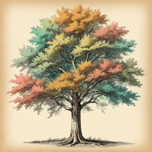 Prompt: tree drawing vintage color