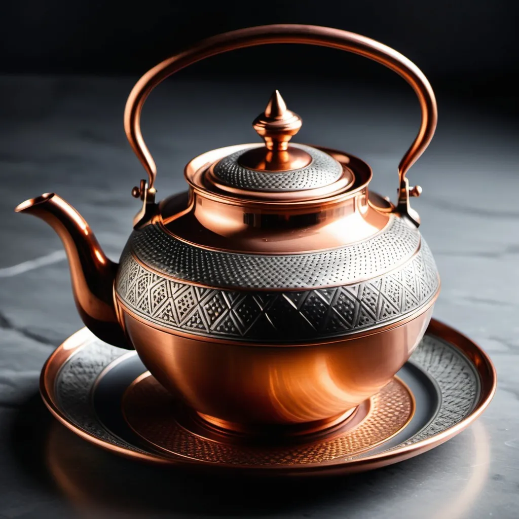 Prompt: A beautifully (((drawn tea pot))), its contents steaming gently, set delicately on a (((diamond-patterned plate))), with a (((riveted copper kettle))) perched atop, evoking the timeless elegance of Andrey Ryabovichev's Flemish Baroque style