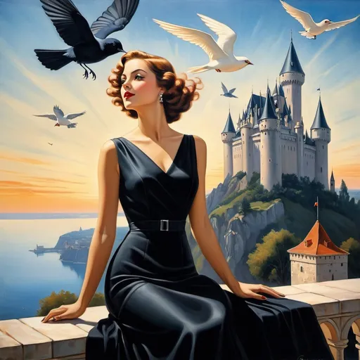 Prompt: a painting of a woman in a black dress and a bird flying over her head and a castle in the background, Edwin Georgi, magic realism, giantess art, an art deco painting