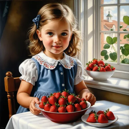 Prompt: a painting of a little girl holding a cake with strawberries on it and a bowl of strawberries, Bob Byerley, figurative art, extremely detailed oil painting, a photorealistic painting