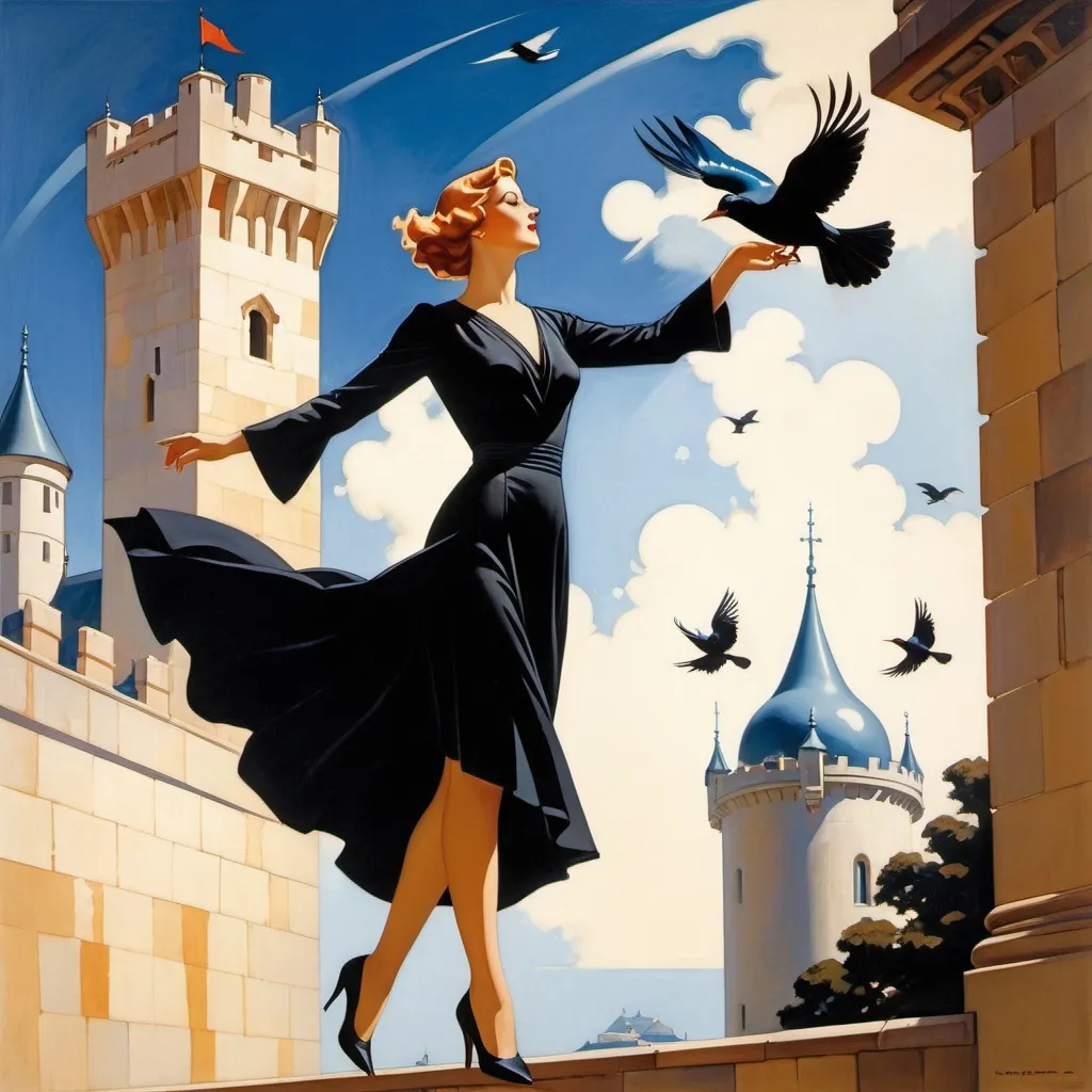 Prompt: a woman in a black dress is standing by a castle and a bird is flying over her head and a bird is flying over her head, Edwin Georgi, precisionism, enoch bolles, an art deco painting