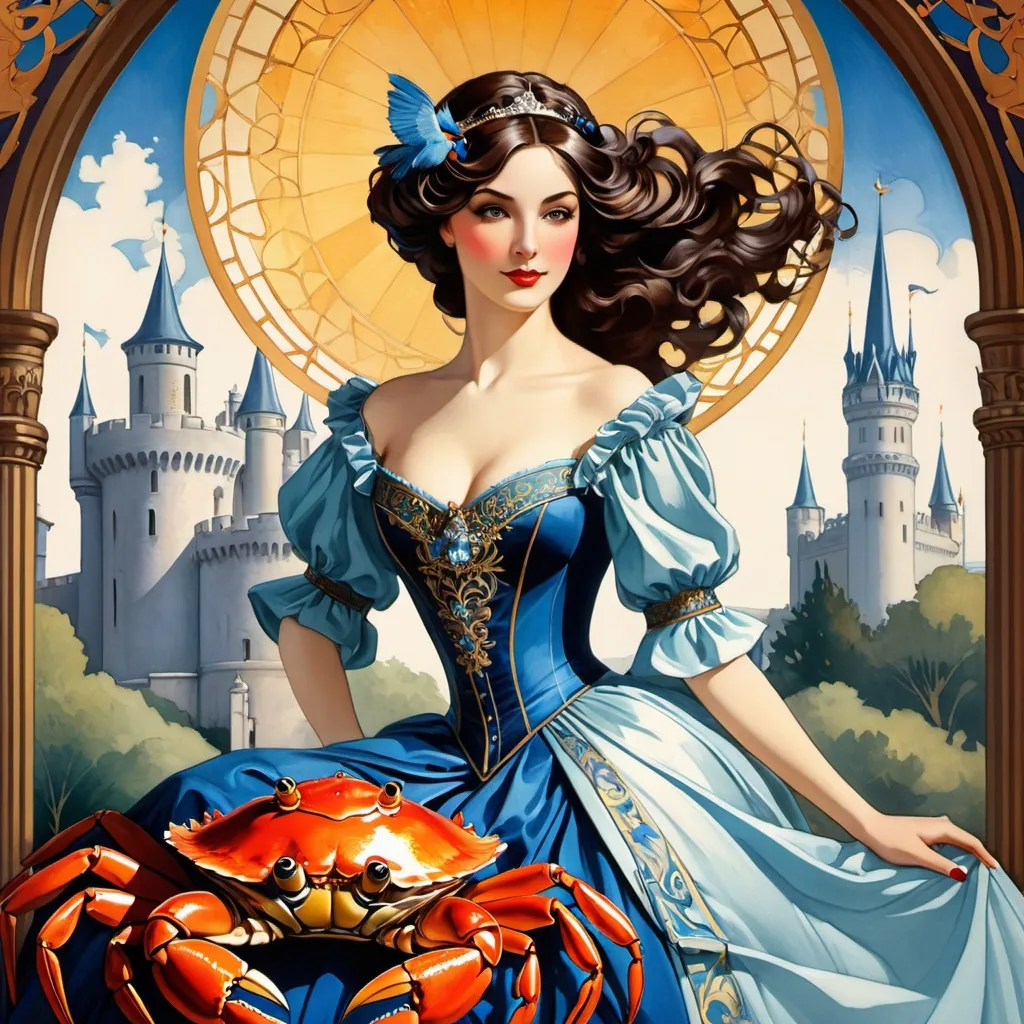 Prompt: Design a (((vividly detailed)) advanced Gothic poster featuring a woman in a (((medieval-inspired dress))), her hands gracefully cradling a (((lushly illustrated bird))) and a (((colorful, ornate crab))) positioned elegantly before an imposing (((castle))) with a (distant, drawning-esque version of the same structure visible in the background), evoking the style of 19th century illustrator Enoch Bolles and Art Nouveau master Edwin Georgi