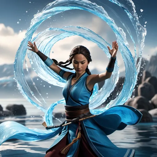 Prompt: Katara from ATLA, hyper realistic water bending, 3D rendering, 8k ultra-detailed, cinematic lighting, intricate facial features, flowing water movements, powerful stance, dynamic action, detailed costume, intense expression, icy blue tones, professional, atmospheric lighting, masterful water manipulation