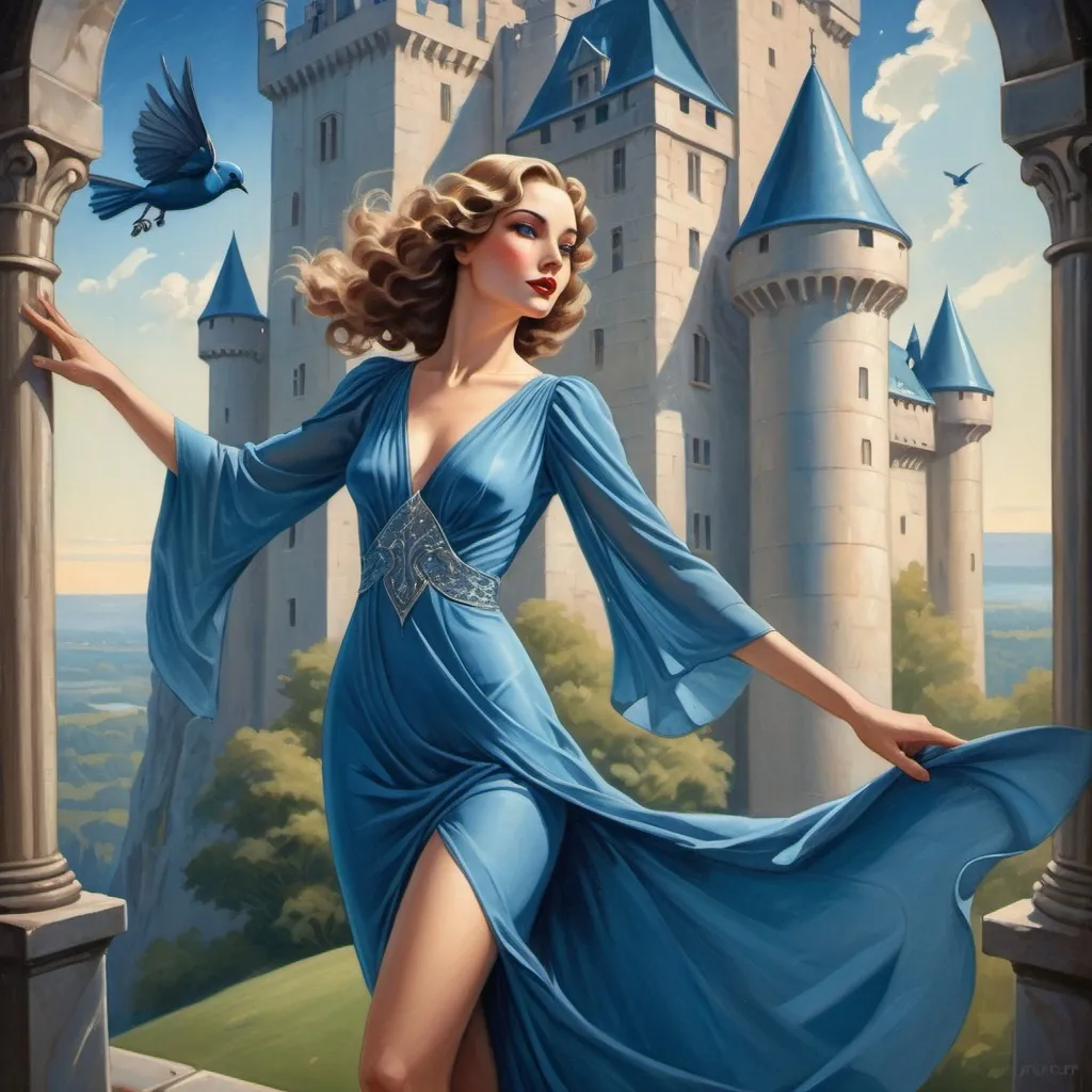 Prompt: Edwin Georgi style fantasy artwork of a woman in a flowing blue dress, with a majestic castle in the background, art deco painting, bird flying overhead, detailed facial features, high-quality, art deco, fantasy, woman in blue dress, castle in background, bird in flight, detailed facial features, atmospheric lighting