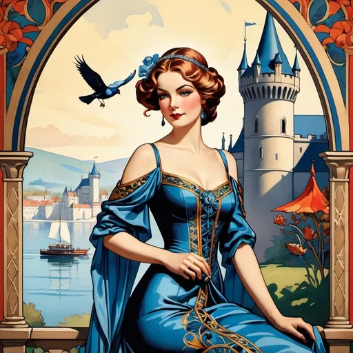 Prompt: Design a (((vividly detailed)) advanced Gothic poster featuring a woman in a (((medieval-inspired dress))), her hands gracefully cradling a (((lushly illustrated bird))) and a (((colorful, ornate crab))) positioned elegantly before an imposing (((castle))) with a (distant, drawning-esque version of the same structure visible in the background), evoking the style of 19th century illustrator Enoch Bolles and Art Nouveau master Edwin Georgi