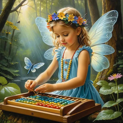 Prompt: adult faery using an abacus to count water drops, a fairy counting raindrops on an abacus in a forest setting with dragonfly wings and a flower crown, Bob Byerley, figurative art, extremely detailed oil painting, a photorealistic painting