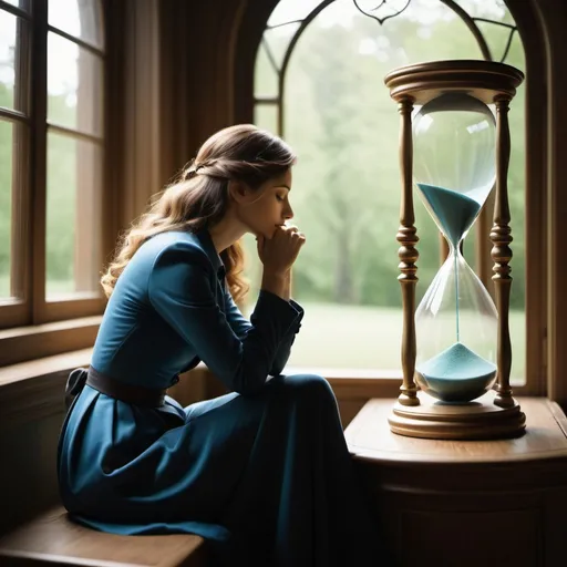 Prompt: A thoughtful figure gazing through a (((timeless hourglass))), reflecting on the fleeting nature of time