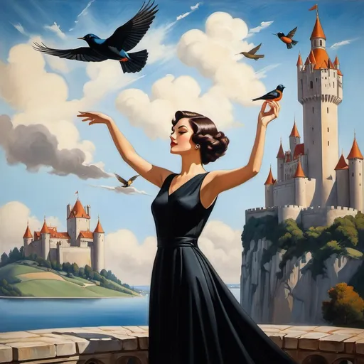 Prompt: a painting of a woman in a black dress and a bird flying over her head and a castle in the background, Edwin Georgi, magic realism, giantess art, an art deco painting