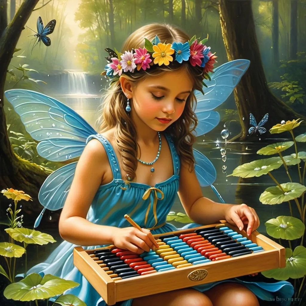 Prompt: adult faery using an abacus to count water drops, a fairy counting raindrops on an abacus in a forest setting with dragonfly wings and a flower crown, Bob Byerley, figurative art, extremely detailed oil painting, a photorealistic painting