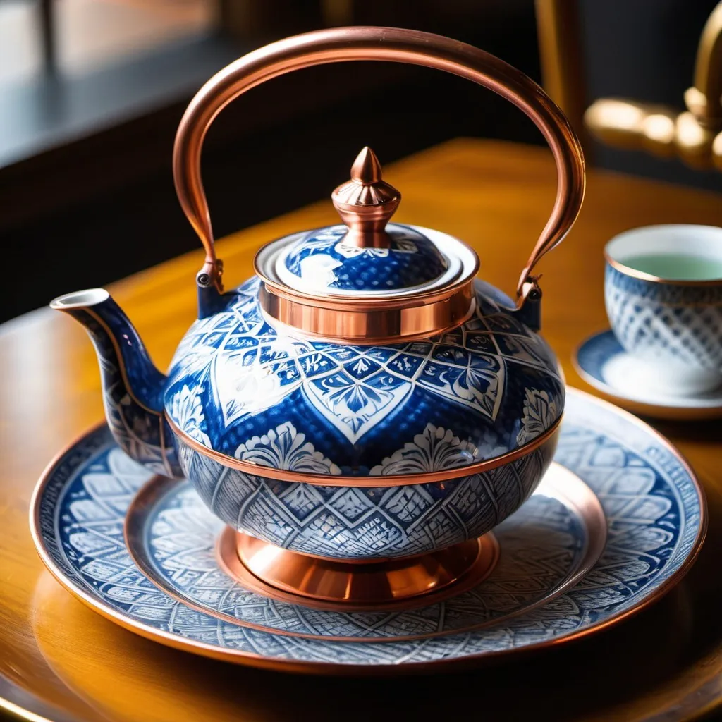 Prompt: A beautifully (((drawn tea pot))), its contents steaming gently, set delicately on a (((diamond-patterned plate))), with a (((riveted copper kettle))) perched atop, evoking the timeless elegance of Andrey Ryabovichev's Flemish Baroque style