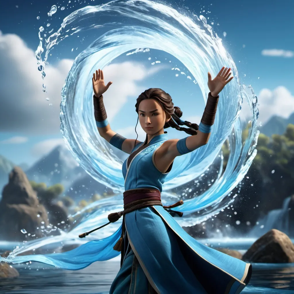 Prompt: Katara from ATLA, hyper realistic water bending, 3D rendering, 8k ultra-detailed, cinematic lighting, intricate facial features, flowing water movements, powerful stance, dynamic action, detailed costume, intense expression, icy blue tones, professional, atmospheric lighting, masterful water manipulation