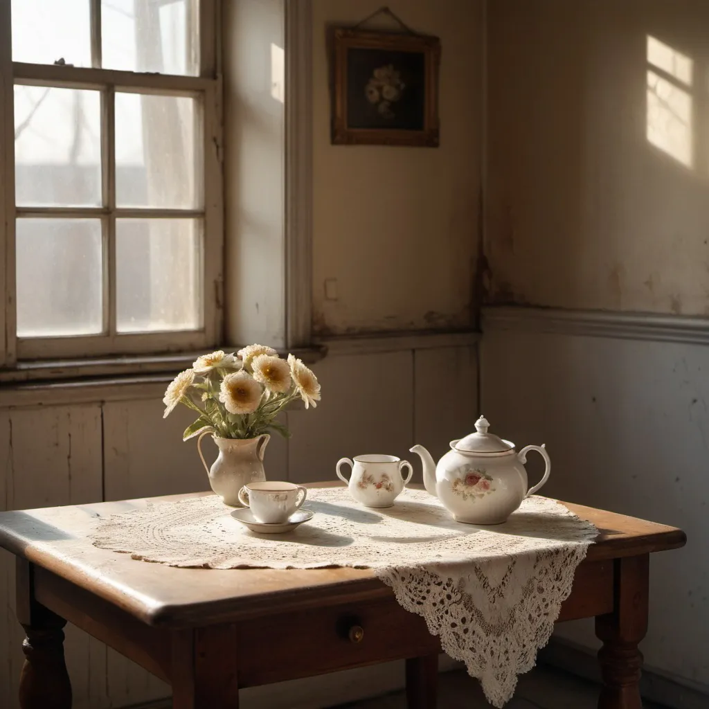 Prompt: An (((interior scene))) with a (((teapot))) sitting on an ((old table)) amidst a (dusty, sunlit room), accompanied by a ((doily)) and a (hanging old flower portrait) that adds a melancholic touch. In the softly let in (golden light), evoking an overall feeling of abandonment and sorrow