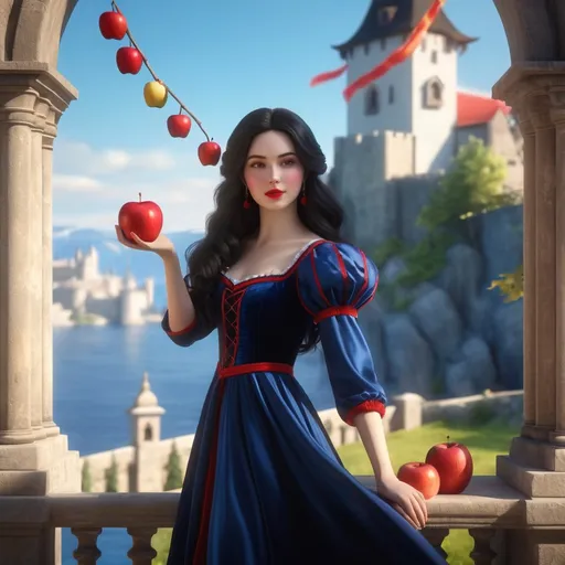 Prompt: Snow White holding a bright red apple, young woman with pale whiteish skin and dark black hair, wearing red, blue, and yellow dress in hyper realistic 3D rendering, full-body shot, cinematic lighting, 8k resolution, detailed features, realistic apple texture, vibrant color tones, princess-like, fairy tale, high-end quality, detailed hair strands, striking facial expression, enchanting atmosphere, vivid colors