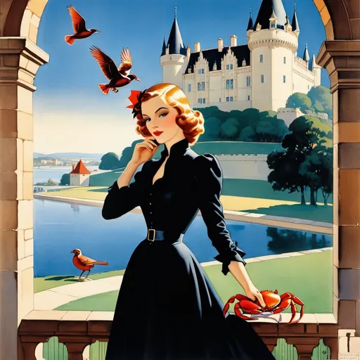 Prompt: a poster of a woman holding a bird and crab in front of a castle with a castle in the background, Edwin Georgi, gothic art, enoch bolles, poster art