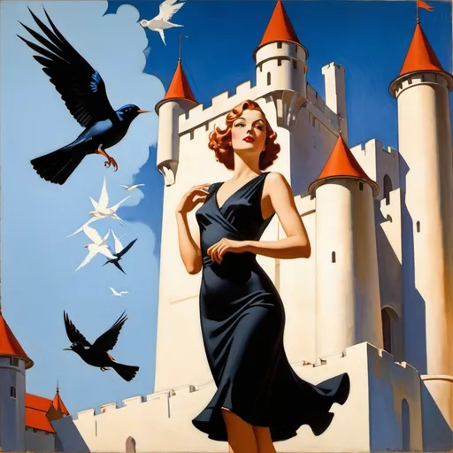 Prompt: a woman in a black dress is standing by a castle and a bird is flying over her head and a bird is flying over her head, Edwin Georgi, precisionism, enoch bolles, an art deco painting