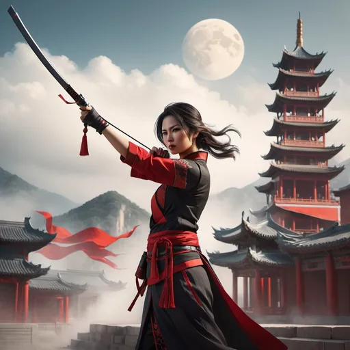 Prompt: Full-body, female Asian assassin, traditional Chinese attire, detailed face with determined expression, dynamic pose, high-quality digital illustration, realistic yet stylized, muted color palette with pops of red, dramatic lighting