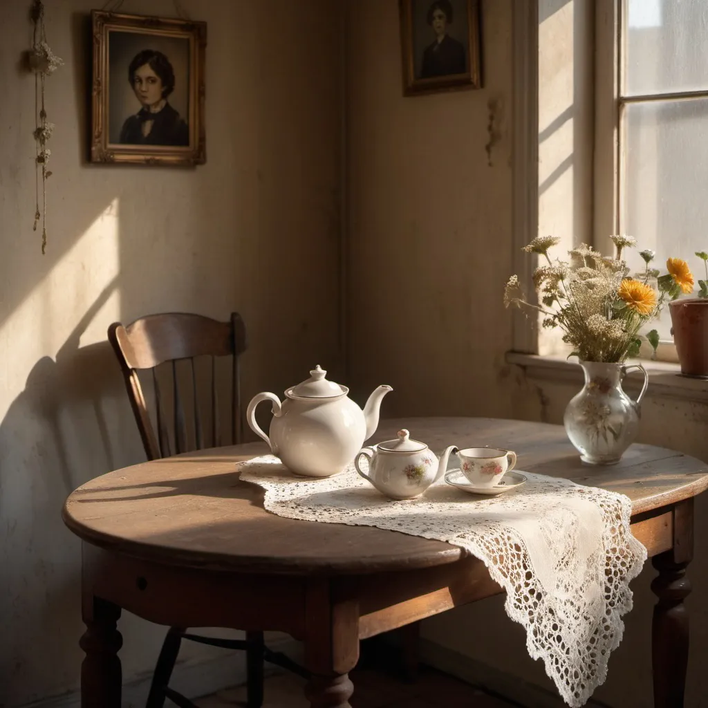 Prompt: An (((interior scene))) with a (((teapot))) sitting on an ((old table)) amidst a (dusty, sunlit room), accompanied by a ((doily)) and a (hanging old flower portrait) that adds a melancholic touch. In the softly let in (golden light), evoking an overall feeling of abandonment and sorrow