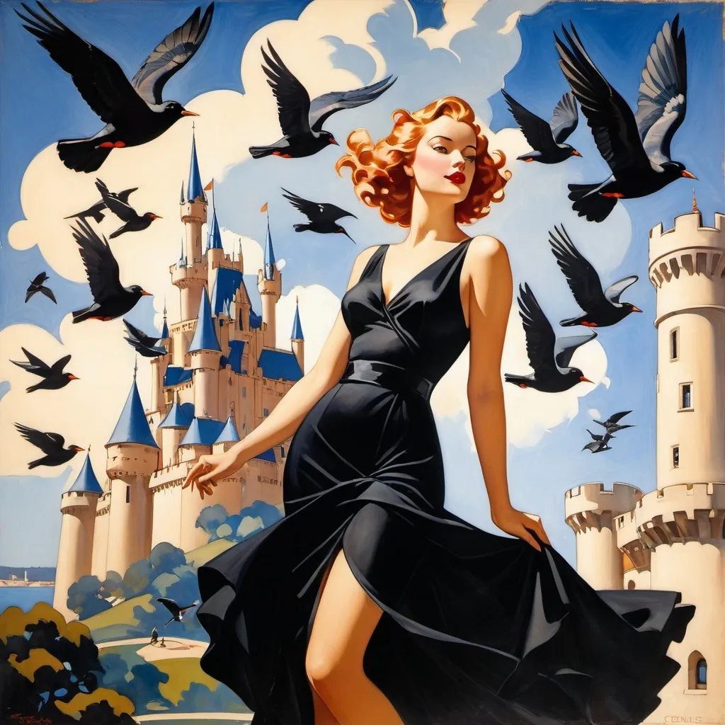 Prompt: a painting of a woman in a black dress surrounded by birds flying around her and a castle in the background, Edwin Georgi, figurative art, enoch bolles, an art deco painting