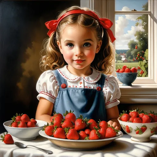 Prompt: a painting of a little girl holding a cake with strawberries on it and a bowl of strawberries, Bob Byerley, figurative art, extremely detailed oil painting, a photorealistic painting