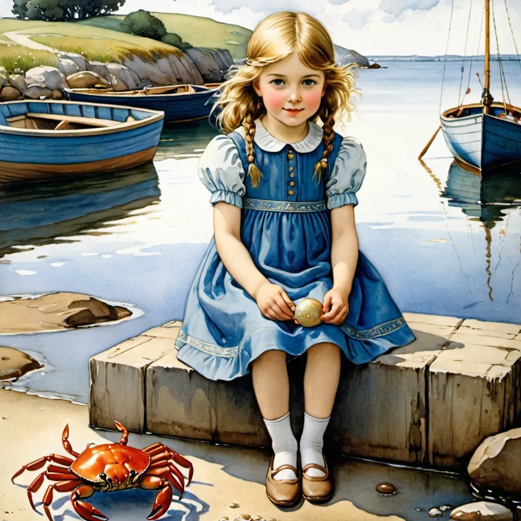 Prompt: a painting of a little girl and a crab by the water with a boat in the background and a girl in a blue dress, Cicely Mary Barker, arts and crafts movement, poster, a poster
