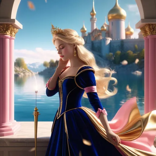 Prompt: Sleeping Beauty holding a sharp gold needle, young woman with pale whiteish skin and gold blond hair, wearing pink, and blue dress in hyper realistic 3D rendering, full-body shot, cinematic lighting, 8k resolution, detailed features, realistic needle texture, vibrant color tones, princess-like, fairy tale, high-end quality, detailed hair strands, striking facial expression, enchanting atmosphere, vivid colors