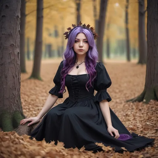 Prompt: a witch with purple hair and a black dress in a forest with leaves on the ground and trees in the background, Elina Karimova, renaissance, cosplay, a character portrait