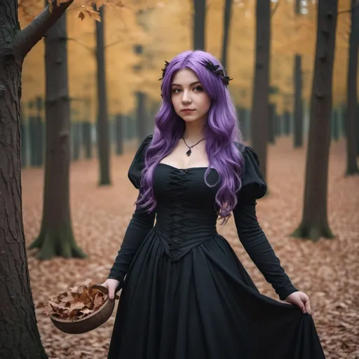 Prompt: a witch with purple hair and a black dress in a forest with leaves on the ground and trees in the background, Elina Karimova, renaissance, cosplay, a character portrait