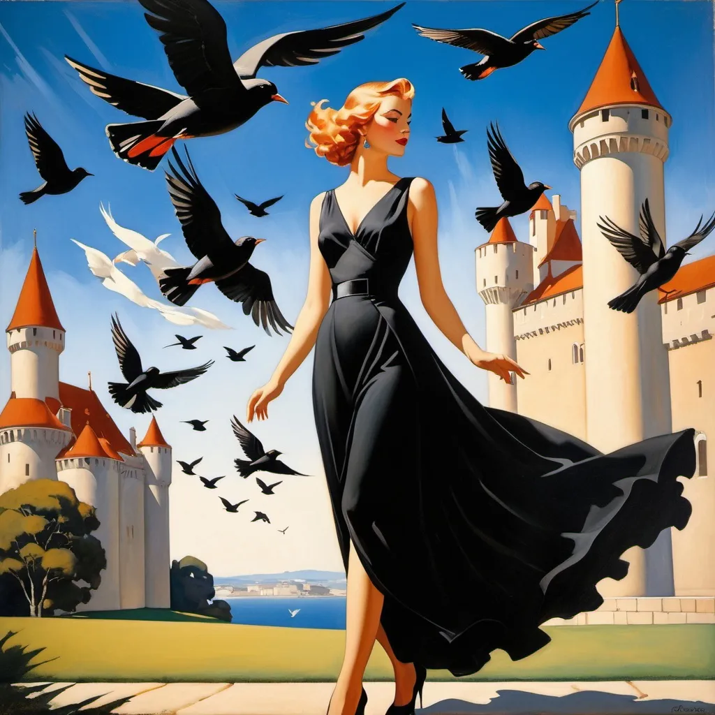 Prompt: a painting of a woman in a black dress with birds flying around her and a castle in the background, Edwin Georgi, magic realism, enoch bolles, an art deco painting