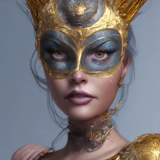 Prompt: queen, peacock, gold, mask, hyper realistic details, cinematic lighting, 3d, 8k