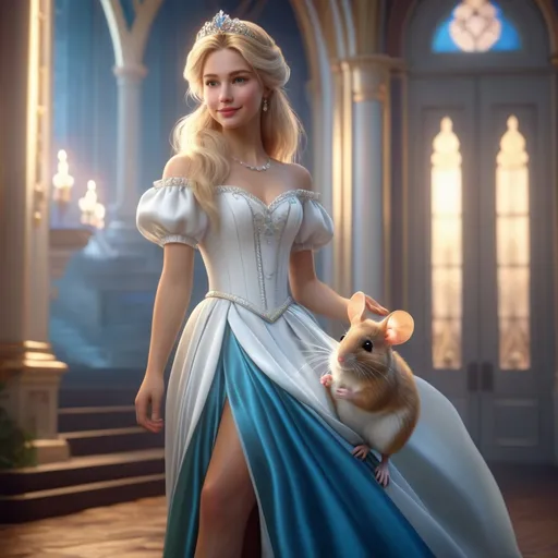 Prompt: Cinderella holding a small brown mouse, young woman with pale whiteish skin and light blond hair, wearing white dress in hyper realistic 3D rendering, full-body shot, cinematic lighting, 8k resolution, detailed features, realistic mouse fur, vibrant color tones, princess-like, fairy tale, high-end quality, detailed hair strands, striking facial expression, enchanting atmosphere, vivid colors