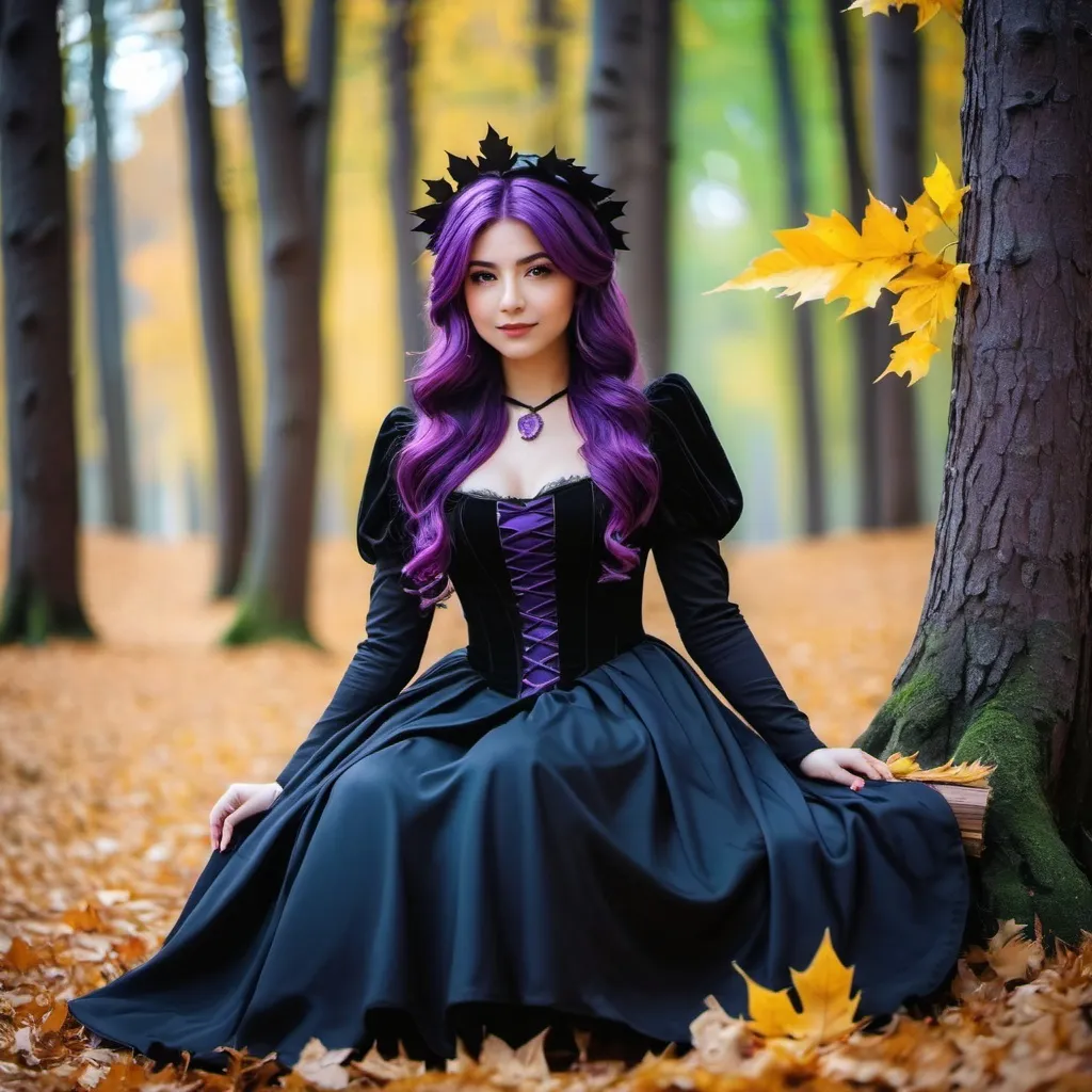 Prompt: a witch with purple hair and a black dress in a forest with leaves on the ground and trees in the background, Elina Karimova, renaissance, cosplay, a character portrait