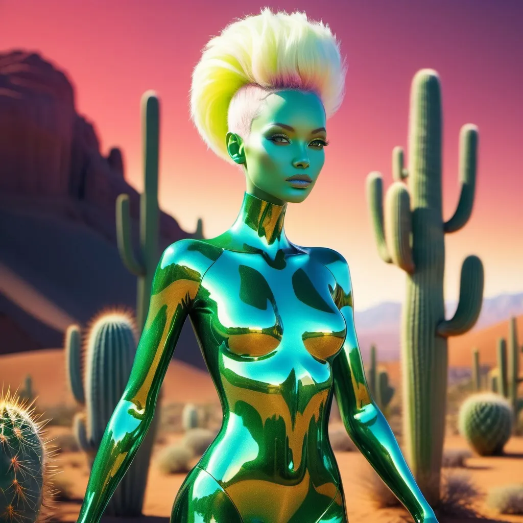 Prompt: A beautiful female (((creature))) (microscopic crystals) with a (face and body) that has an otherworldly (((opalescent glow))) and (((NO eyebrows))). Her hair is cactus-like and (((her skin is light yellow, Waxy and dry))). Her eyes are ((light green)) and (large). She is tall and beautiful with long legs and long toes and she is surrounded by an active (((desert planet atmosphere))). Add vivid colors reds, pinks, purples and greens (((full body view))) Fantasy. Ethereal. 28k resolution.