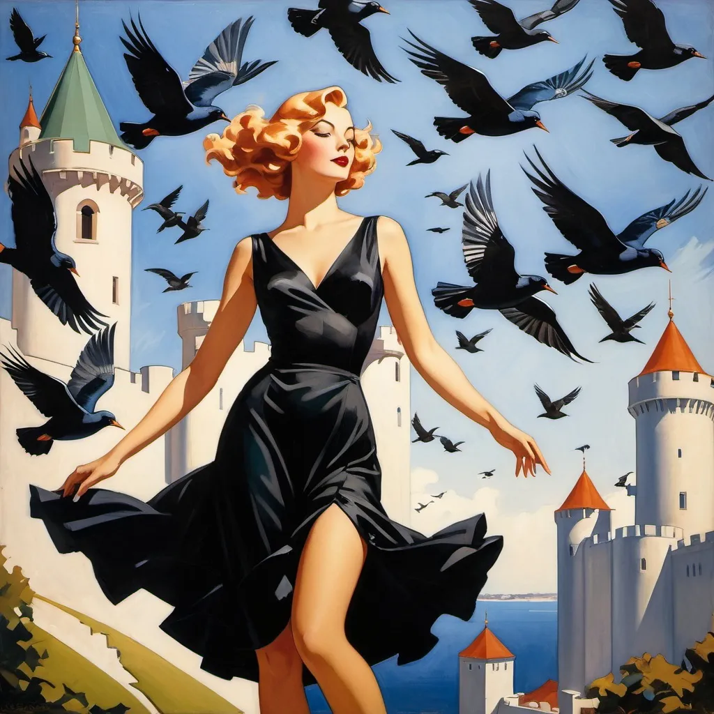 Prompt: a painting of a woman in a black dress surrounded by birds flying around her and a castle in the background, Edwin Georgi, figurative art, enoch bolles, an art deco painting