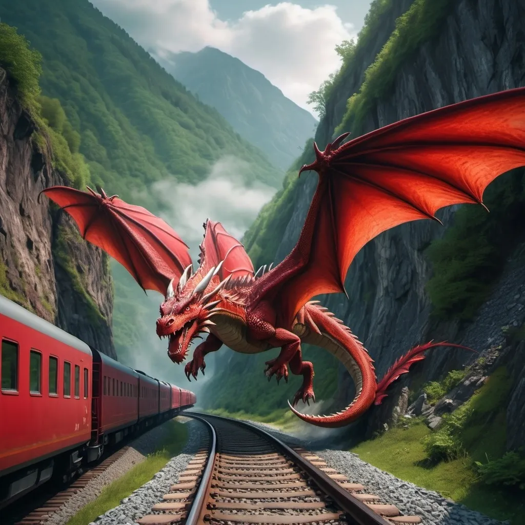 Prompt: Red dragon fly over train  and train came through the tunnel 

The railway track located in mountain aria 
