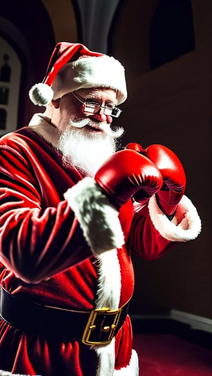 Prompt: Santa Claus wearing boxing gloves in an old church