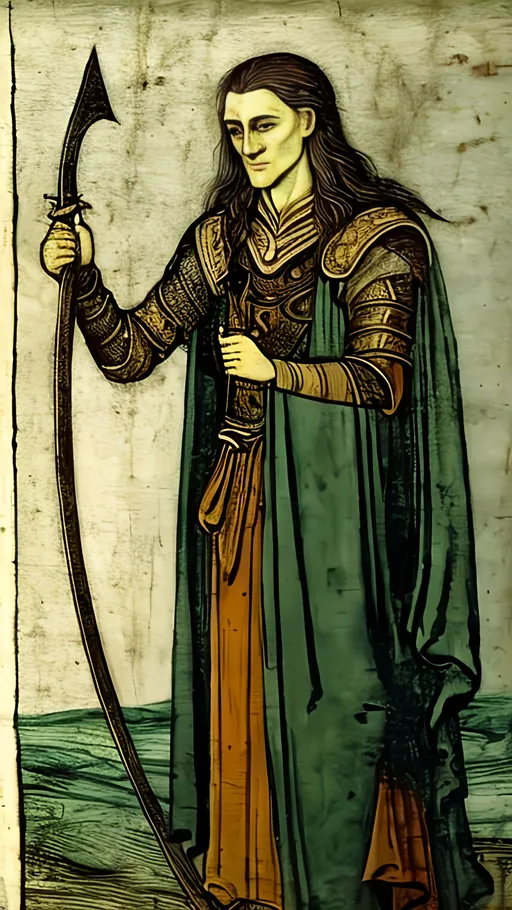 Prompt: Norse mythology Loki holding an arrow. Medieval style.
