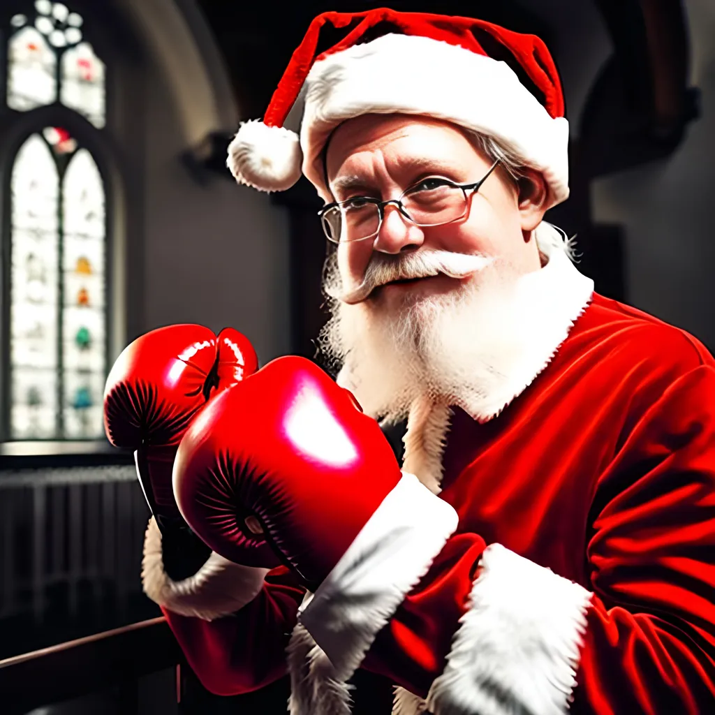 Prompt: Santa Claus wearing boxing gloves in an old church