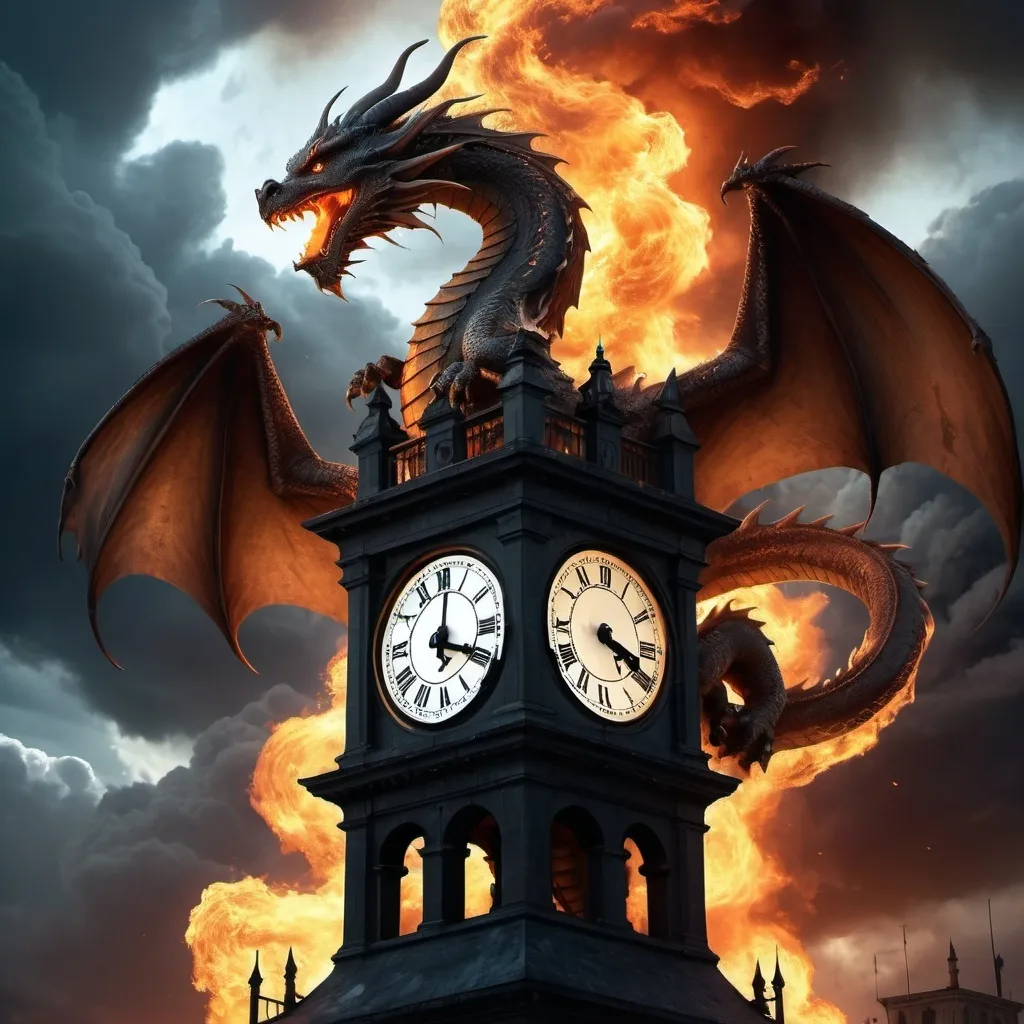 Prompt: generate an image of a dragon  on the top of the clock tower make all the details spectacular and realistic that will grab anyone attention make the sky look realistic and the dragon flaming around as a structure of destruction

