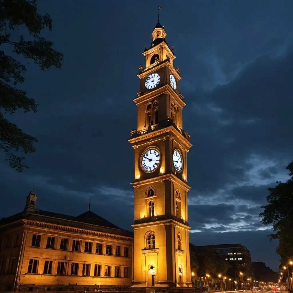 Prompt: generate the image of clock tower showing the beauty of clock tower during darkness

