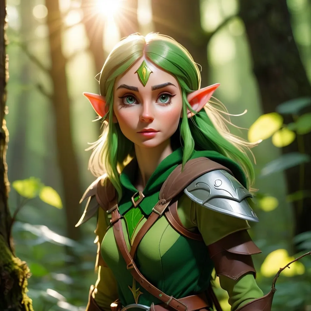 Prompt: Elf ranger in a mystical forest around sunlight