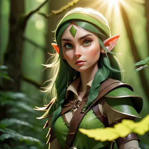 Prompt: Elf ranger in a mystical forest around sunlight