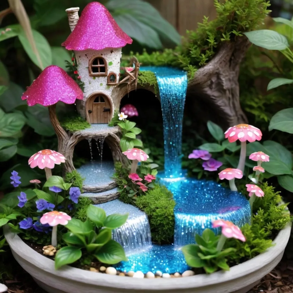 Prompt: Fairy garden, with a waterfall flowing with glitter,