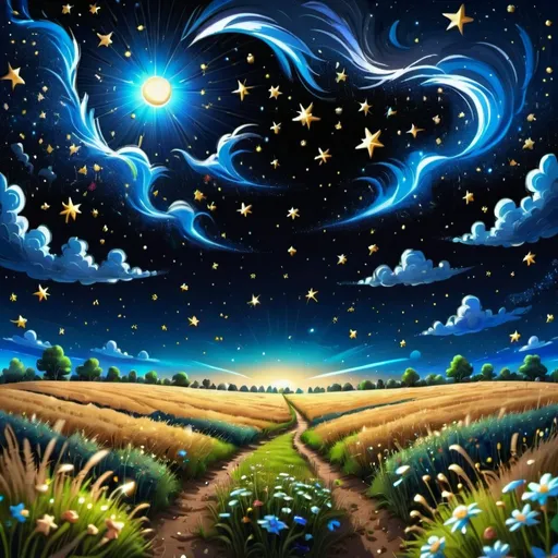 Prompt: open field background with a huge open sky, showing the night sky with a million different bright stars,4k, magical 