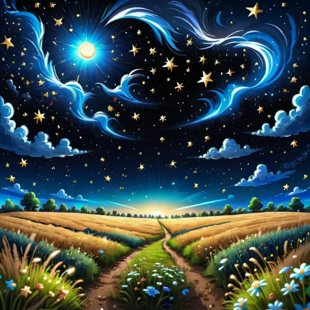 Prompt: open field background with a huge open sky, showing the night sky with a million different bright stars,4k, magical 