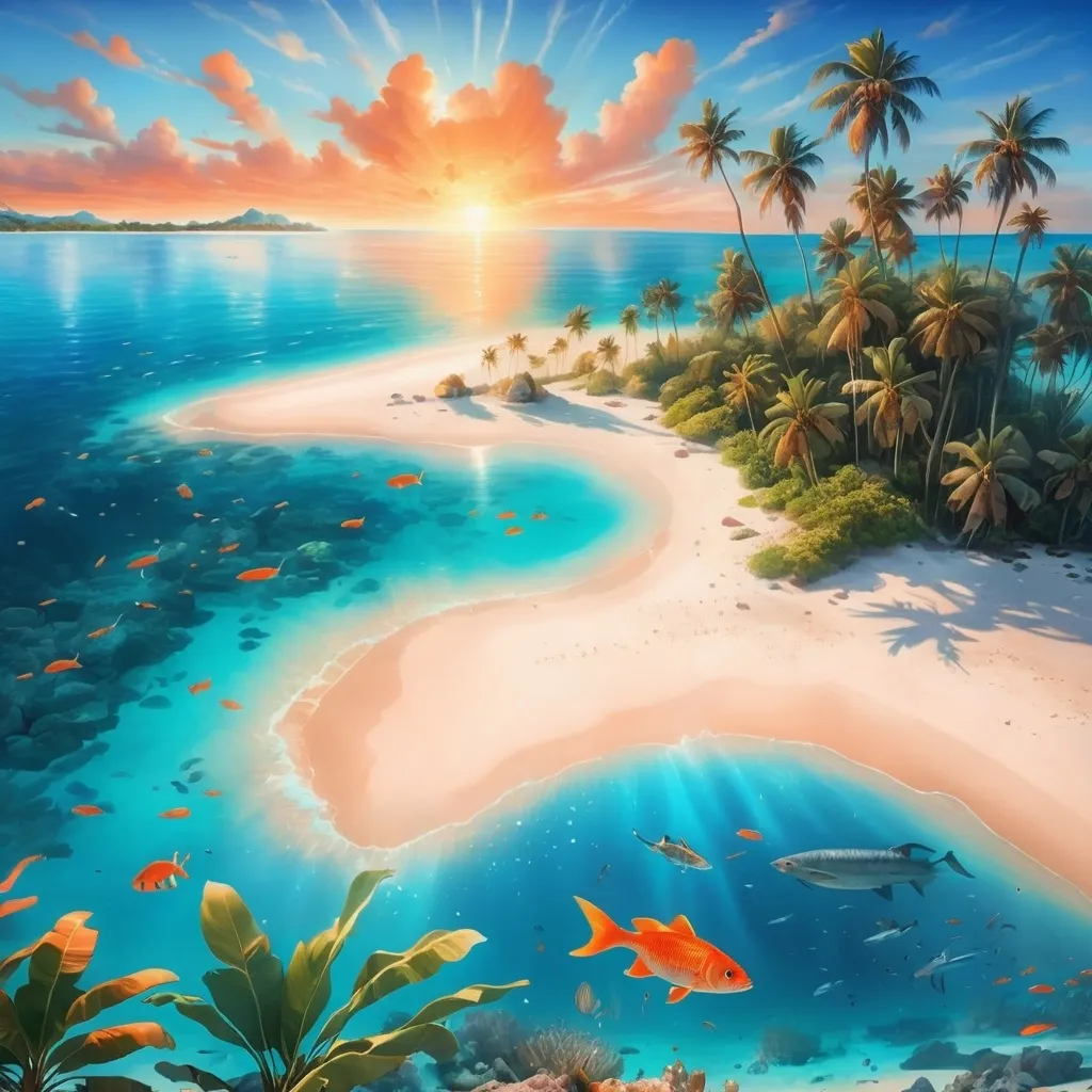 Prompt: Beach with clear blue water, being able to see the underwater fish swimming, palm trees on an island, beautiful sunrise with orange skies 