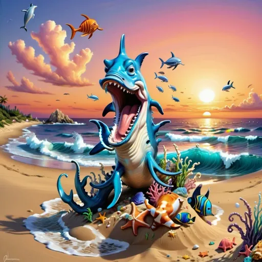 Prompt: ocean view, with sea animals coming out of the water onto land for a party, sunset skies, sand, 