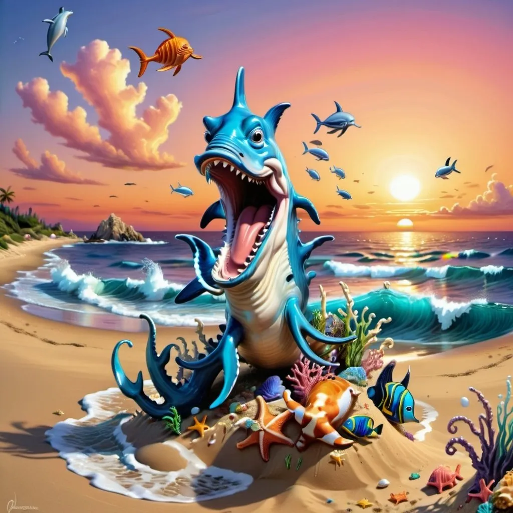 Prompt: ocean view, with sea animals coming out of the water onto land for a party, sunset skies, sand, 