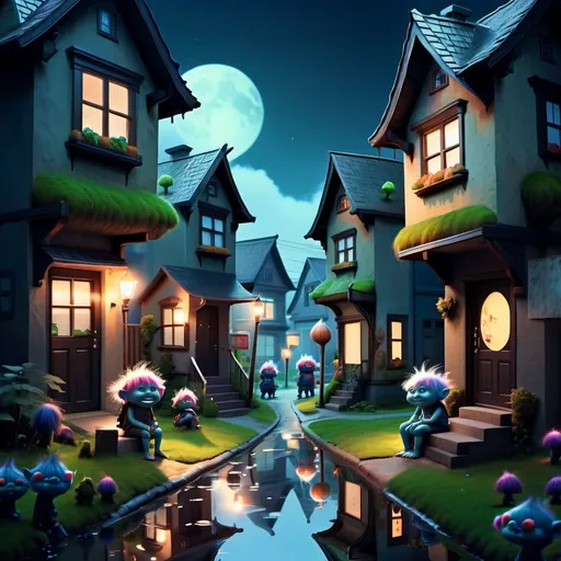 Prompt: dreamlike atmosphere, neighborhood block with little trolls hidding around 