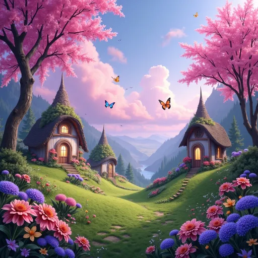 Prompt: Valley of Fairy Homes, enchanting springtime landscape, vibrant pink and purple skies, whimsical butterflies gracefully fluttering, blooming flowers in vivid colors, lush fresh green grass and trees, serene atmosphere, magical and fairy-like ambiance, highly detailed 4K resolution, captivating and dreamy environment, nature's rebirth and beauty.